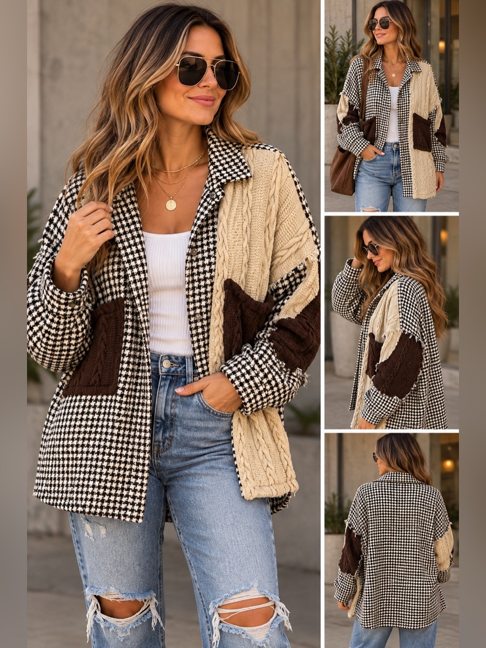 POL Oversized Shacket in Brown and Cream Size Large